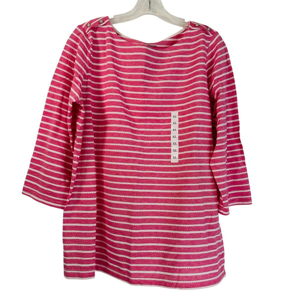 Croft & Barrow Pink White Striped Boat Neck 3/4 Sleeve Top XL Button Shoulder
